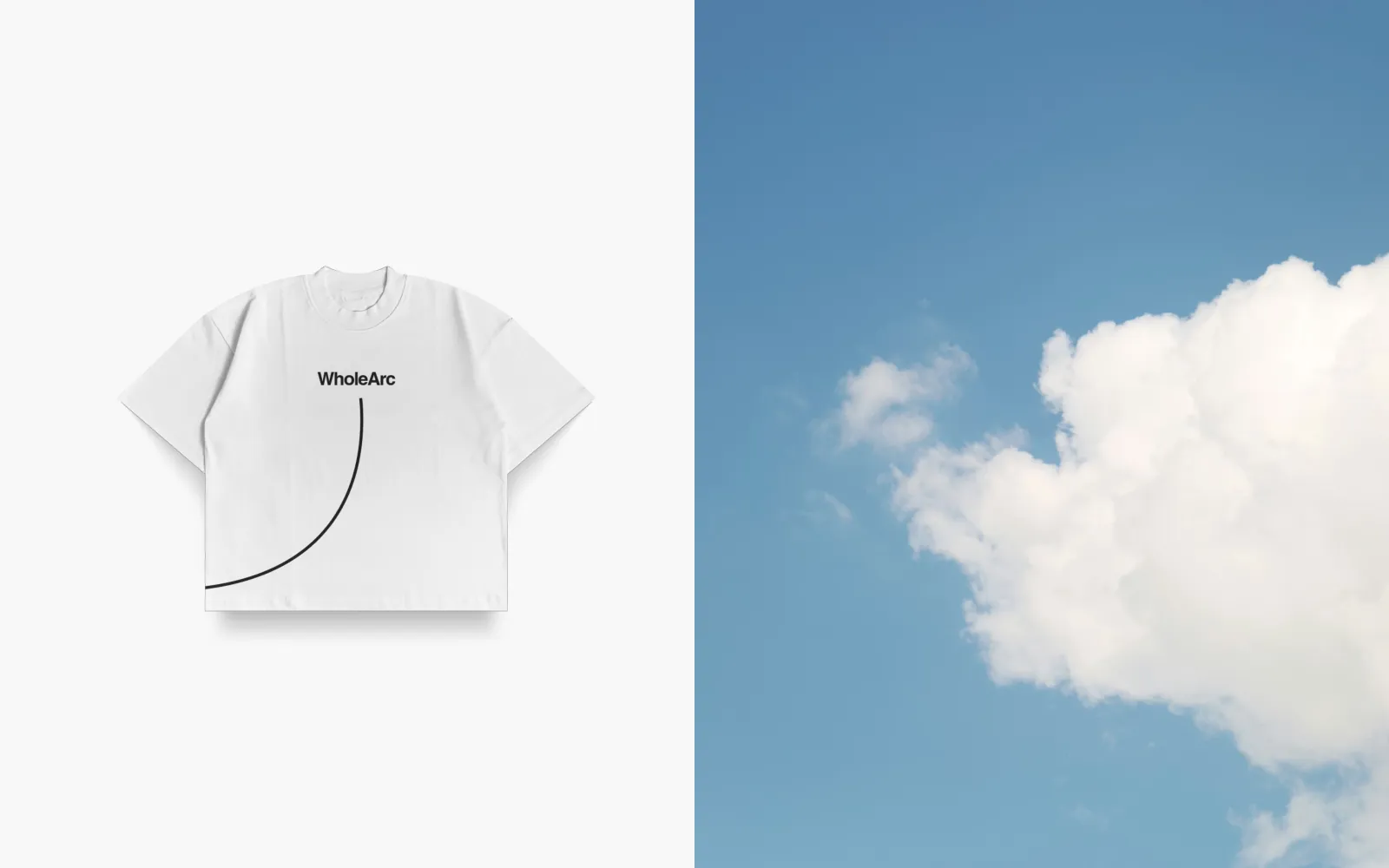 A white T-shirt carrying the arc beside a soft cloud.