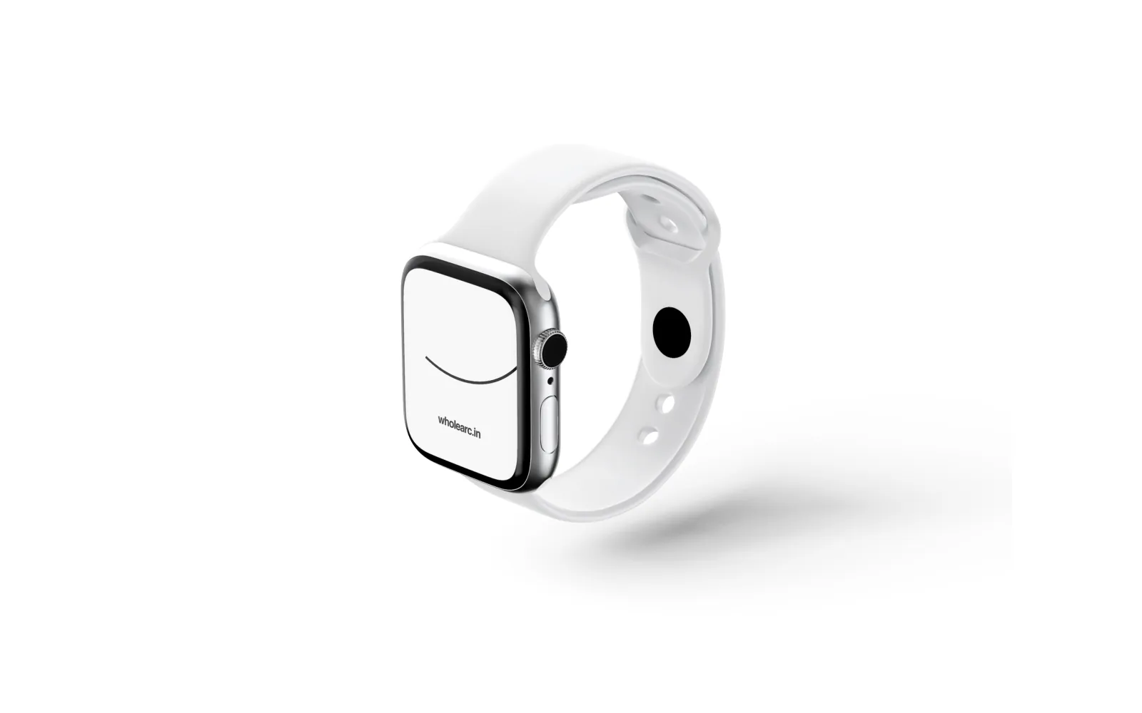A white smartwatch carrying the WholeArc mark.