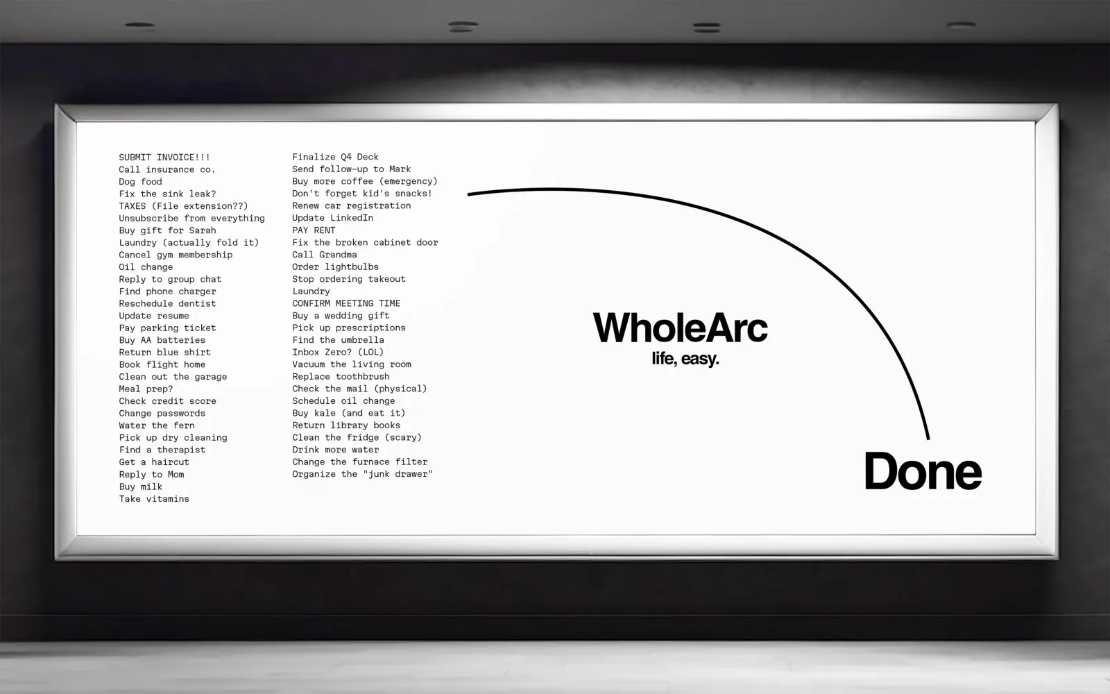 A lightbox poster: a long to-do list, an arc, and the word “Done”.