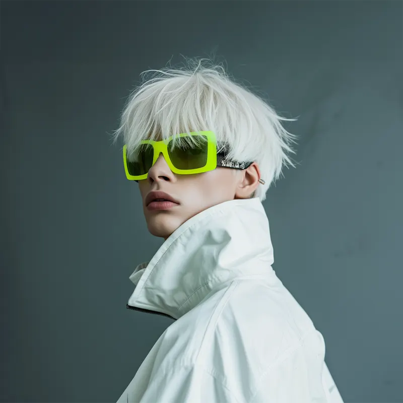 White haired man with sunglasses wearing white jacket in dark green background.