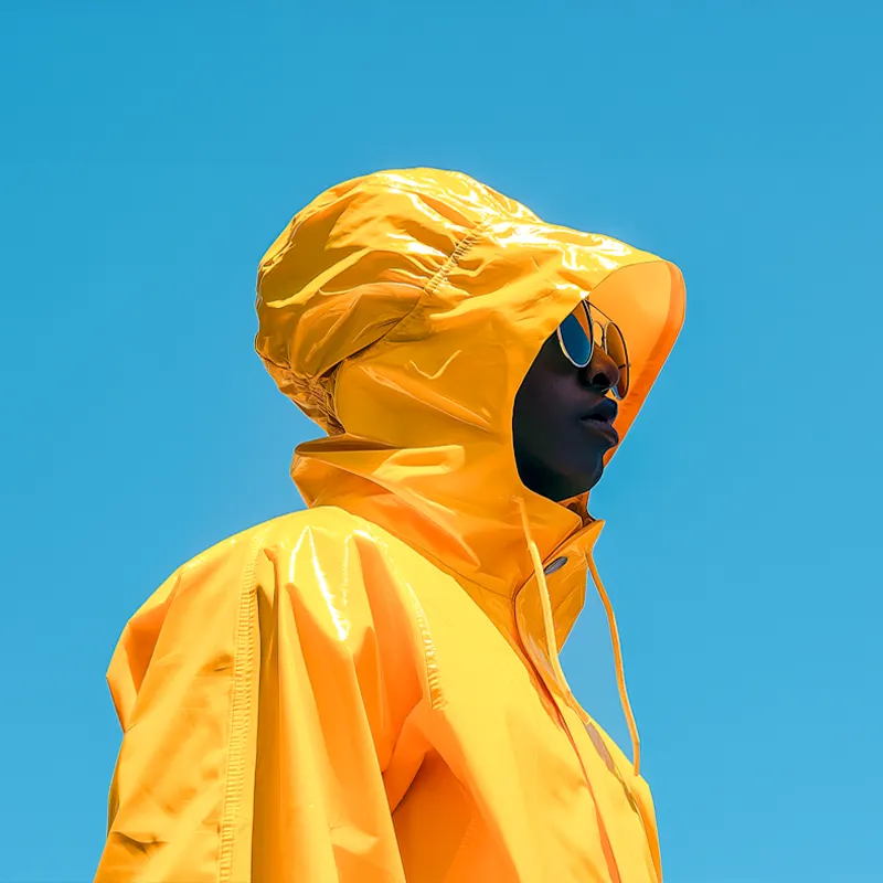 A woman wearing yellow hoodie in blue background.