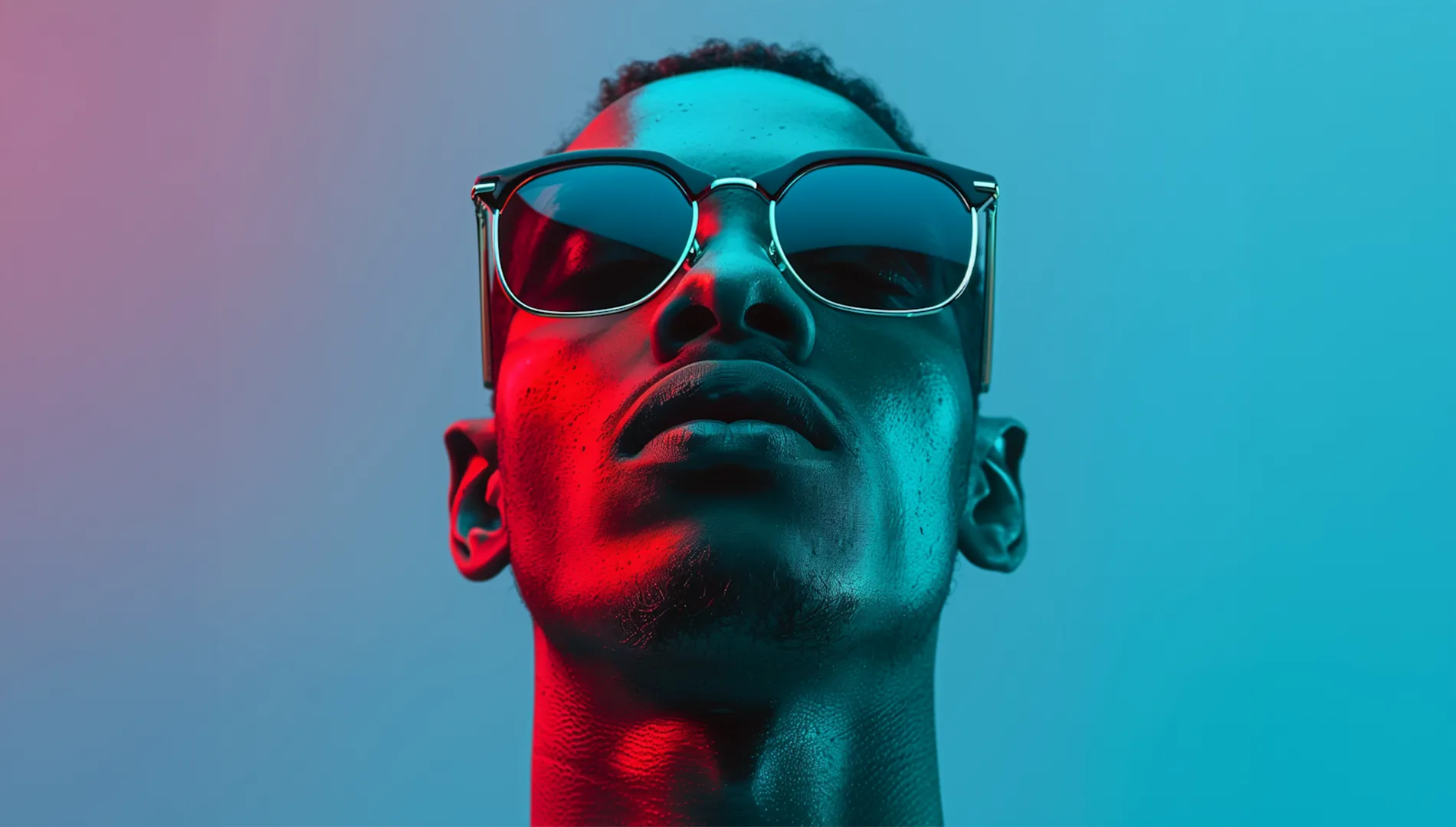 Question — a figure lit by coloured light.